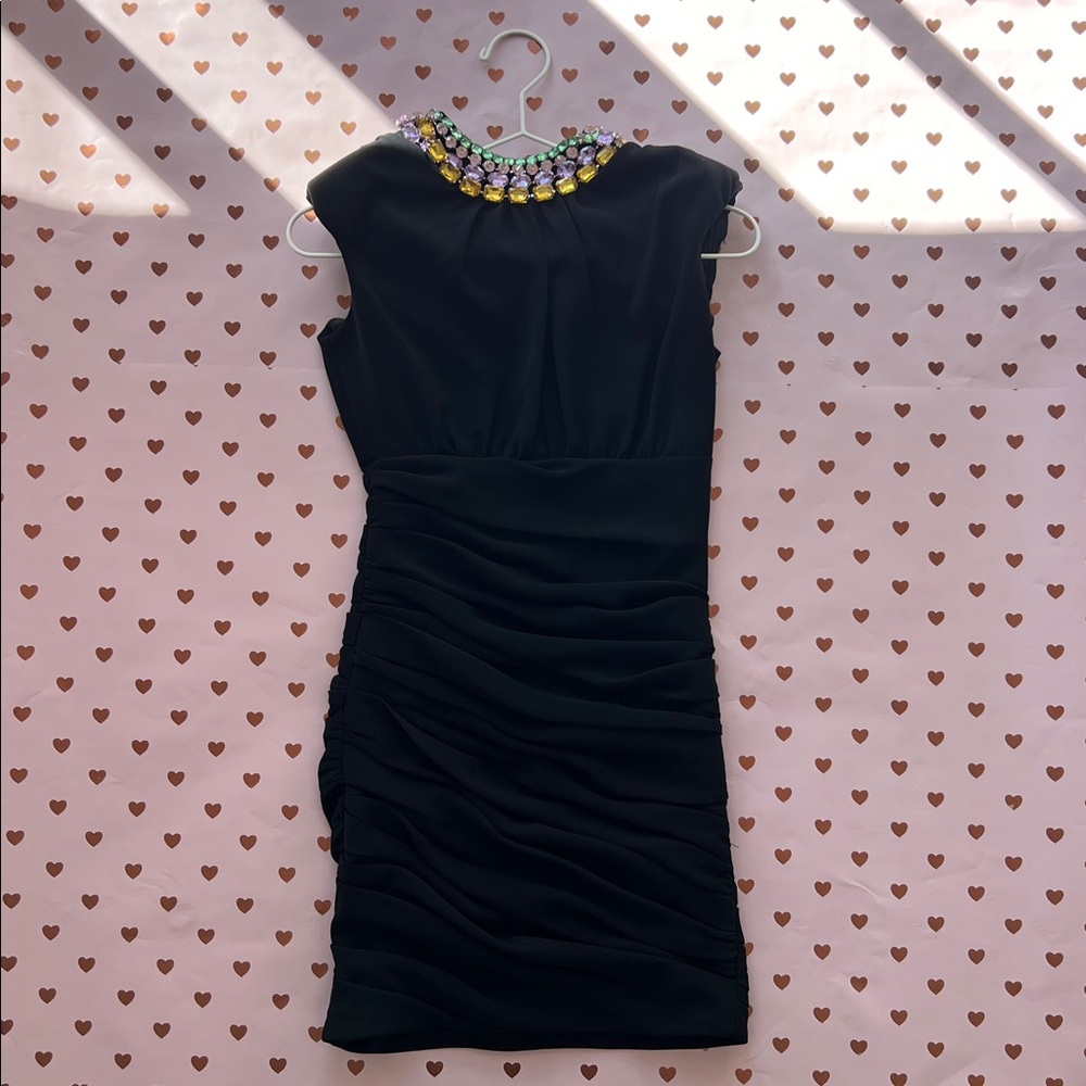 Cinq à Sept Black Mini Dress with Embellished Neckline